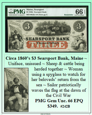 Circa 1860’s $3 Searsport Bank, Maine #242B