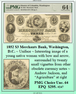 1852 $3 Merchants Bank, Washington, D.C. #247