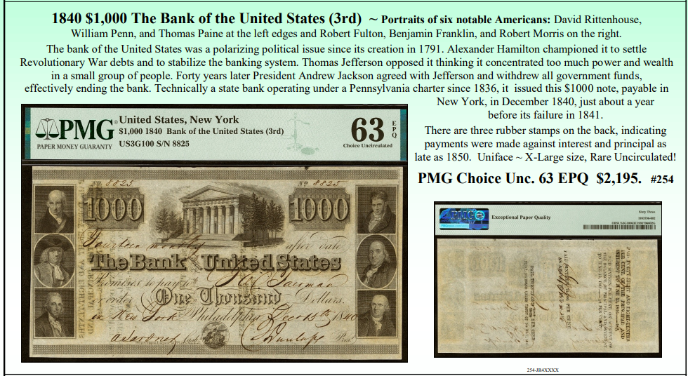 1840 $1,000 The Bank of the United States (3rd) ~ PMG UNC63 ~ #254