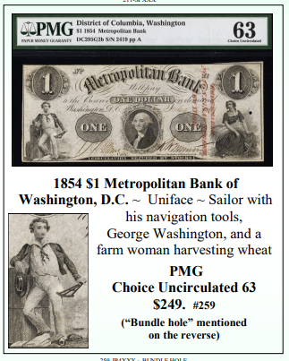 1854 $1 Metropolitan Bank of  Washington, D.C. ~ PMG UNC63 ~ #259