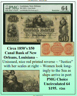 Circa 1850’s $50  Canal Bank of New  Orleans, Louisiana ~ PMG UNC64 ~ #266