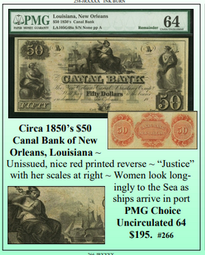 Circa 1850’s $50  Canal Bank of New  Orleans, Louisiana ~ PMG UNC64 ~ #266