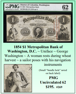 1854 $1 Metropolitan Bank of  Washington, D.C. ~ PMG UNC62 ~ #269