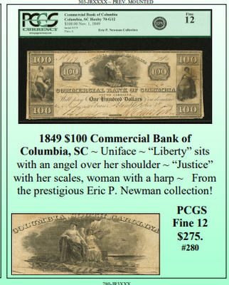 1849 $100 Commercial Bank of  Columbia, SC ~ PCGS Fine 12 ~ #280