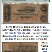 Circa 1850’s $9 Bank of Cape Fear,  Asheville, North Carolina ~ PMG VG10 ~ #284