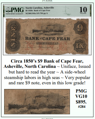 Circa 1850’s $9 Bank of Cape Fear,  Asheville, North Carolina ~ PMG VG10 ~ #284
