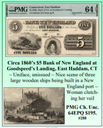 Circa 1860’s $5 Bank of New England at  Goodspeed’s Landing, East Haddam, CT ~ PMG UNC64 ~ #288