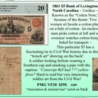 1861 $5 Bank of Lexington,  North Carolina ~ PMG VF20 ~ #289