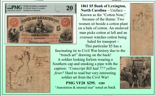 1861 $5 Bank of Lexington,  North Carolina ~ PMG VF20 ~ #289