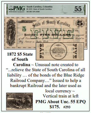 1872 $5 State  of South  Carolina ~ PMG UNC55 ~ #293