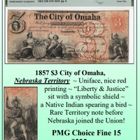1857 $3 City of Omaha,  Nebraska Territory ~ PMG Fine 15 ~ #294