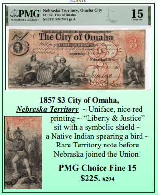1857 $3 City of Omaha,  Nebraska Territory ~ PMG Fine 15 ~ #294