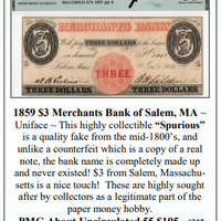 1859 $3 Merchants Bank of Salem, MA ~ PMG UNC55 ~ #302