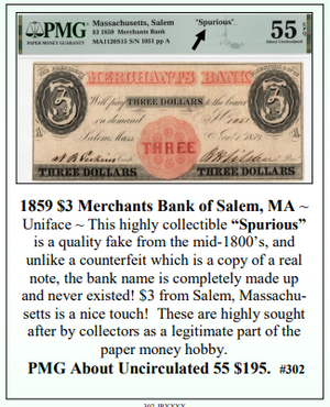 1859 $3 Merchants Bank of Salem, MA ~ PMG UNC55 ~ #302