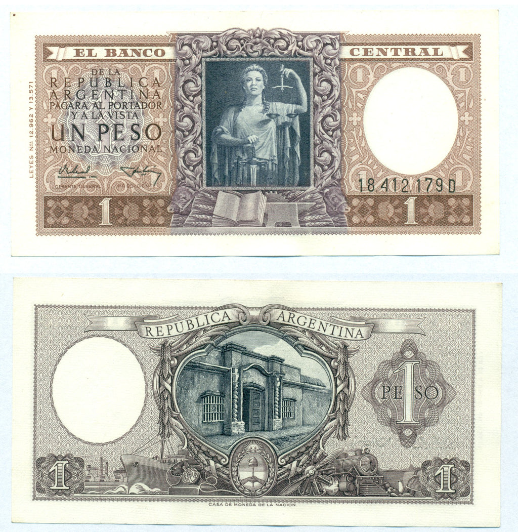 1956 Argentina 1 Peso “Lady Justice / National Bank” World Currency, Uncirculated