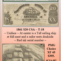 1861 $20 Confederate Currency CSA ~ PMG XF45 ~ T-18 #CSA-002