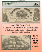 1861 $20 Confederate Currency CSA ~ PMG XF45 ~ T-18 #CSA-002