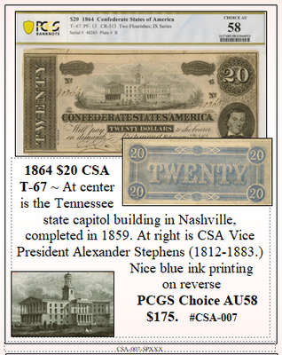 1864 $20 Confederate Currency CSA ~ PCGS AU58 ~ T-67 #CSA-007