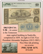 1863 $20 CSA  T-58 ~ Confederate Currency ~ PMG XF40 ~ #CSA-022