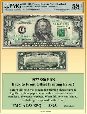 1977 $50 FRN Back to Front Offset Printing Currency Error! ~ PMG AU58 ~ #PE-245