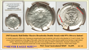 1965 Kennedy Half Dollar Massive Broadstrike Double Struck with 95% Obverse Indent! #EC-139