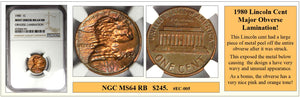 1980 Lincoln Cent Major Obverse Lamination Coin Error! #EC-005