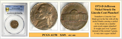 1973-D Jefferson Nickel Struck On Lincoln Cent Planchet Coin Error! #EC-008
