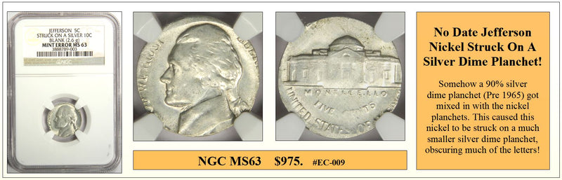 No Date Jefferson Nickel Struck On A Silver Dime Planchet Coin Error!