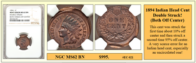 1894 Indian Head Cent Double Struck! (Both Off Center) Coin Error ~ NGC MS62 BN ~  #EC-021