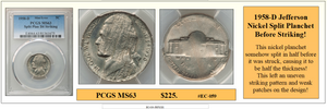 1958-D Jefferson Nickel Split Planchet Before Striking Coin Error #EC-059