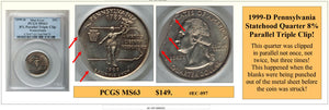 1999-D Pennsylvania Statehood Quarter 8% Parallel Triple Clip Coin Error! #EC-097