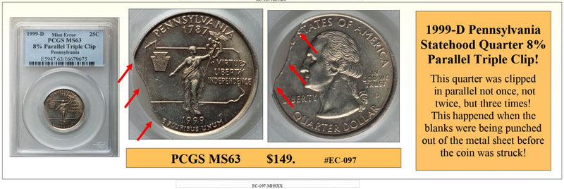 1999-D Pennsylvania Statehood Quarter 8% Parallel Triple Clip Coin