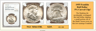 1955 Franklin Half Dollar 5% Curved Clip Coin Error #EC-108