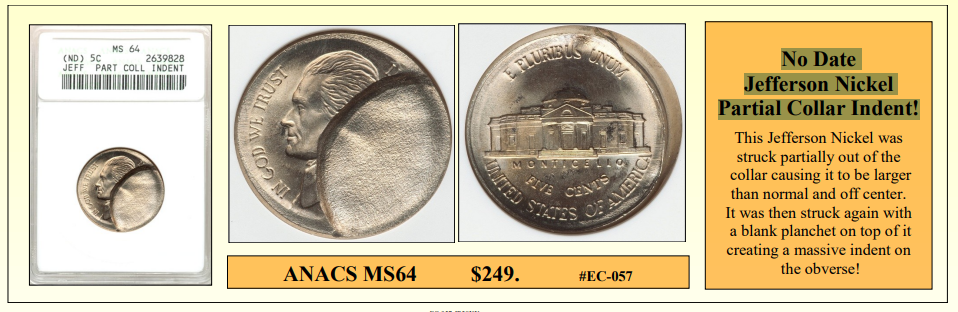 No Date Jefferson Nickel  Partial Collar Indent! ~ ANACS MS64 ~ #EC-057
