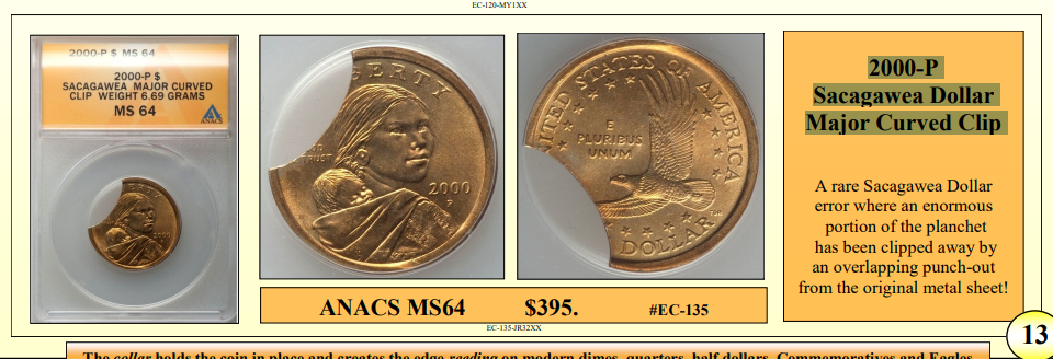 2000-P Sacagawea Dollar Major Curved Clip ~ ANACS MS64 ~ #EC-135