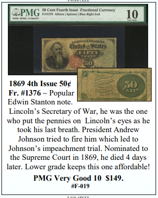 1869 4th Issue 50¢  Fr. #1376 ~ PMG VG10 ~ #F-019