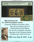 1863 3rd Issue 25¢  Fr. 1294 Green Back variety ~ PMG VF25 ~ #F-020