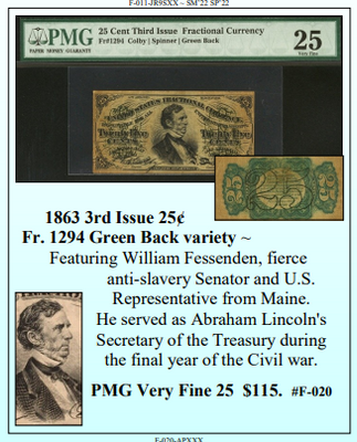 1863 3rd Issue 25¢  Fr. 1294 Green Back variety ~ PMG VF25 ~ #F-020