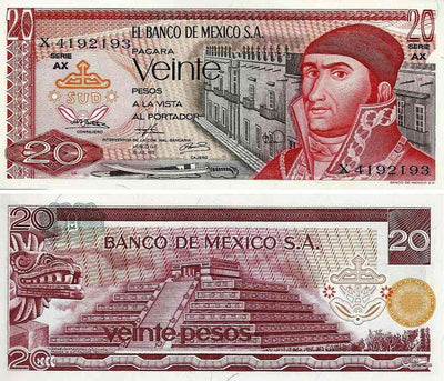 1973-77 Mexico 20 Pesos “Jose Maria Morales / Pyramid of Teotihuacan” World Currency, Uncirculated