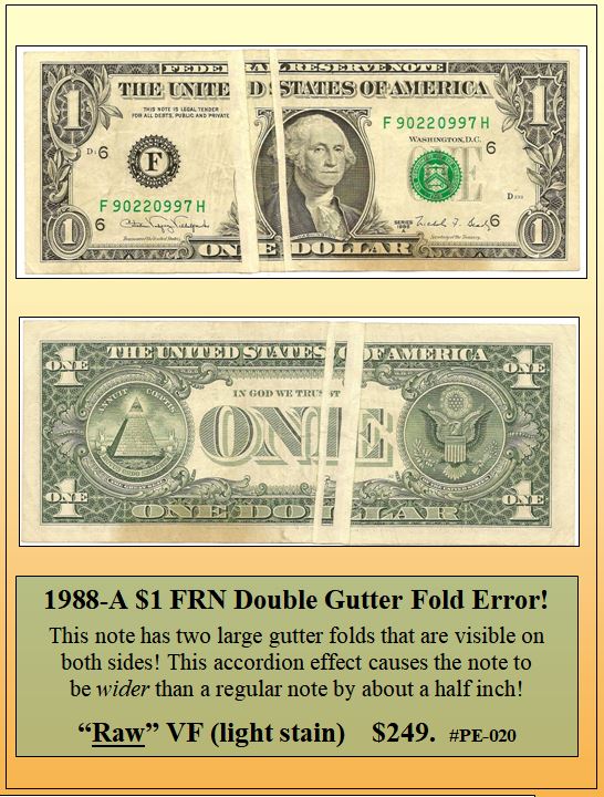 1988-A $1 FRN Double Gutter Fold Currency Error! #PE-020