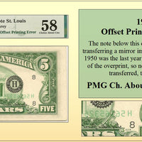 1950-A $5 FRN Offset Printing of Overprint Currency Error! #PE-038
