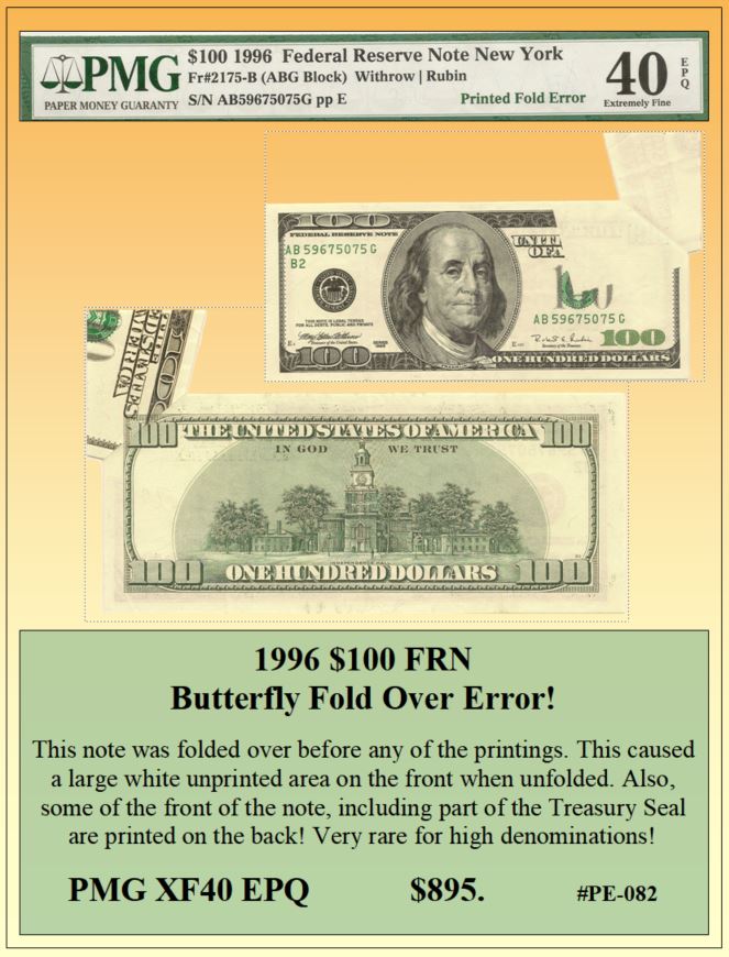 1996 $100 FRN Butterfly Fold Over Currency Error! #PE-082