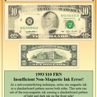 1993 $10 FRN Insufficient Non-Magnetic Ink Currency Error! #PE-084