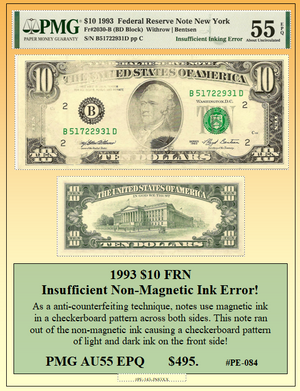 1993 $10 FRN Insufficient Non-Magnetic Ink Currency Error! #PE-084