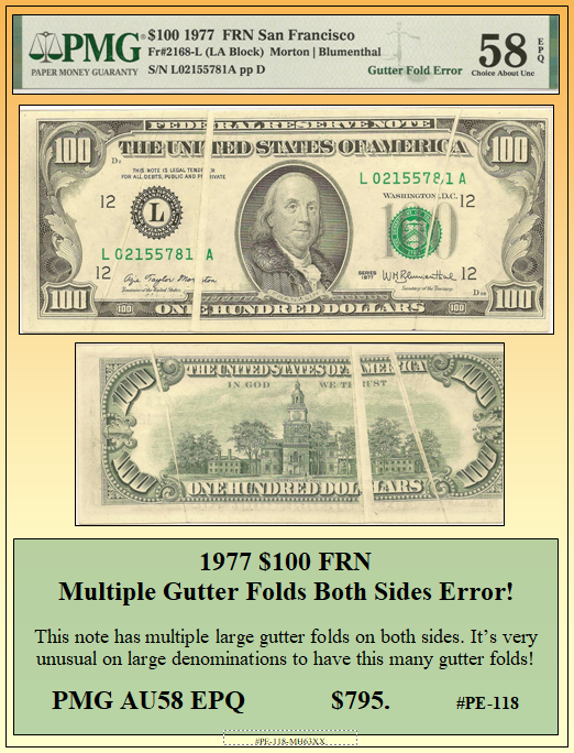 1977 $100 FRN Multiple Gutter Folds Both Sides Currency Error! #PE-118