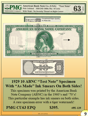 1929 10 ABNC "Test Note"Specimen with "As Made"Ink Smears on Both Sides Currency Error ~ PMG 63 EPQ ~ #PE-129