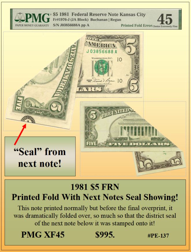 1981 $5 FRN Printed Fold With Next Notes Seal Showing Currency Error! #PE-137