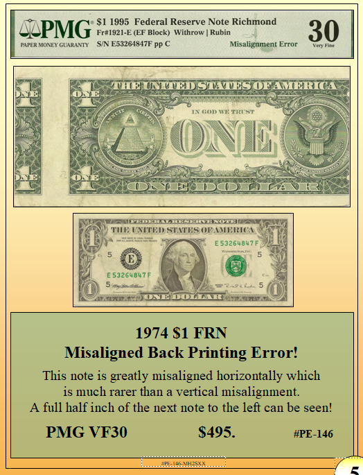1974 $1 FRN Misaligned Back Printing Currency Error! #PE-146