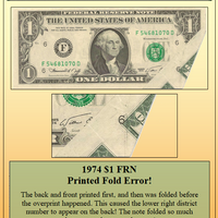 1974 $1 FRN Printed Fold Currency Error! #PE-164