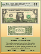 1985 $1 FRN Wet Ink Transfer Currency Error! #PE-166